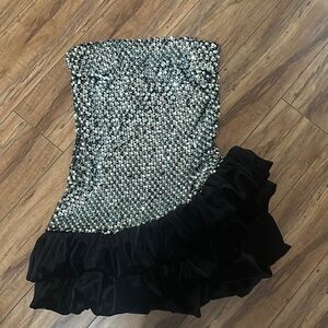 NADINE MERABI Strapless Sequin Dress in Silver and Black